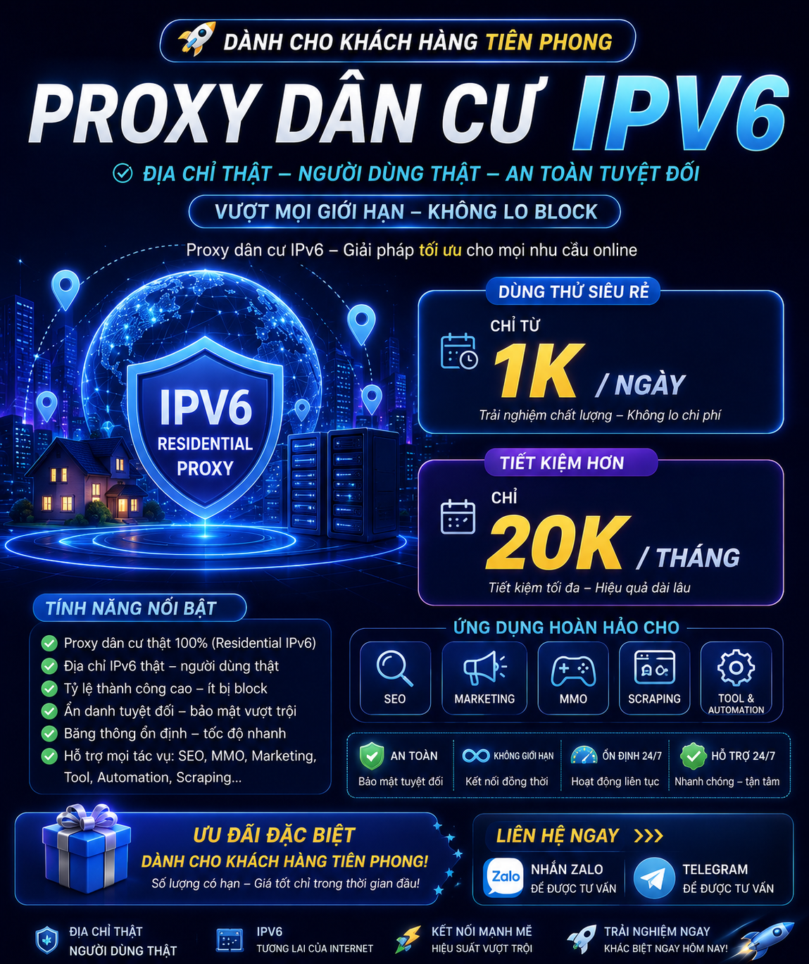 Proxy Dân Cư IPv6 Giá Tốt Cho Khách Hàng Tiên Phong – Chỉ Từ 1K/Ngày